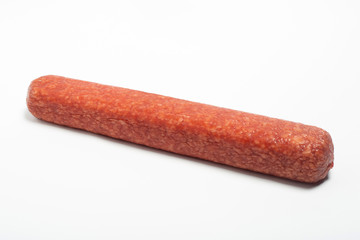 appetizing salami whole sausage stick isolated on white background