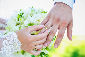 newlyweds exchange rings on the background of a white wedding bouquet