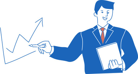 業績向上の目標に向かいやる気に満ちたポジティブなプレゼンをする会社員男性の上半身イラスト。