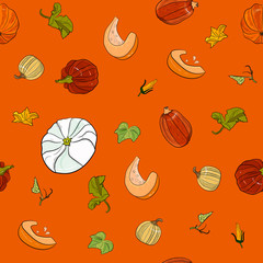 seamless autumn pattern with bright pumpkins, flowers and leaves on an orange background.Hand drawing vector illustration.Bright color background for  Halloween, Thanksgiving and Harvest Day cards, pa