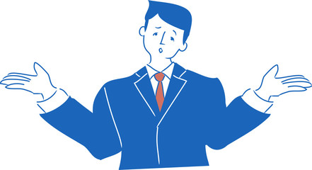 困った表情でお手上げのジェスチャーをする会社員男性の上半身イラスト。