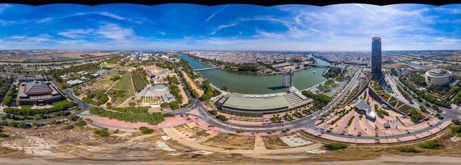 360-degree panoramic aerial view without sky at Sevilla World Trade Center and Round building