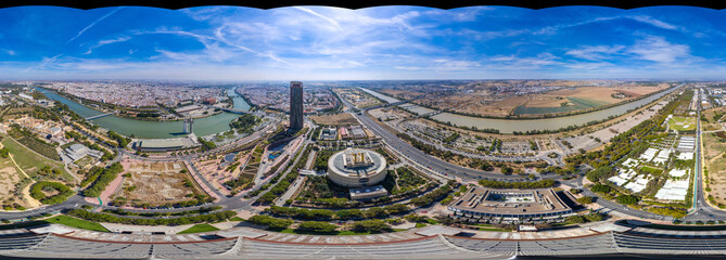 360-degree panoramic aerial view without sky at Sevilla World Trade Center and Round building
