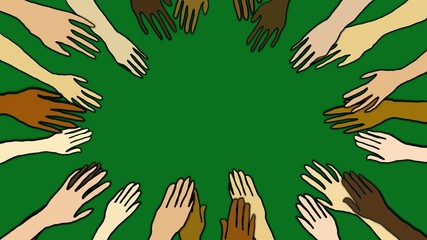 Diversity hands  evoking interconnection and ecology concept. hands in circles, multicultural, green background