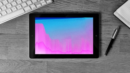 Aesthetic gradient neon pink blue color pixels on tablet screen, desktop