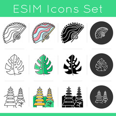 Indonesia icons set. Tropical country nature. Indonesian islands vacation. Exploring exotic culture. Unique architecture. Linear, black, chalk and color styles. Isolated vector illustrations