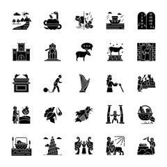 Bible narratives glyph icons set. Noah Ark, Babel tower. Moses, God myths. Religious legends. Christian religion, holy book scenes plot. Silhouette symbols. Vector isolated illustration