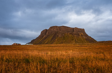 Fototapeta premium View on lonely mountain from south road 60 of Iceland. September 2019