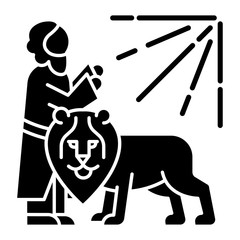 Daniel in lion den Bible story glyph icon. Legendary hero praying. Religious legend. Christian religion. Biblical narrative. Silhouette symbol. Negative space. Vector isolated illustration