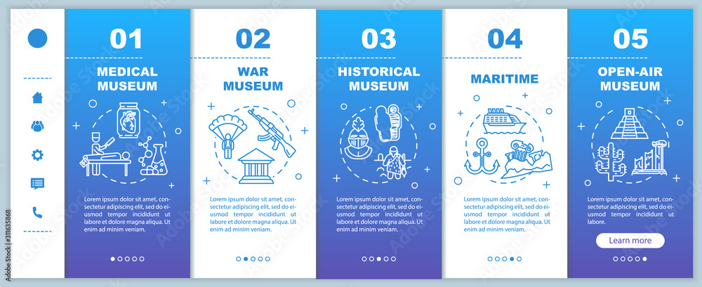 Poster exhibition and museum onboarding mobile web pages vector template. responsive smartphone website int