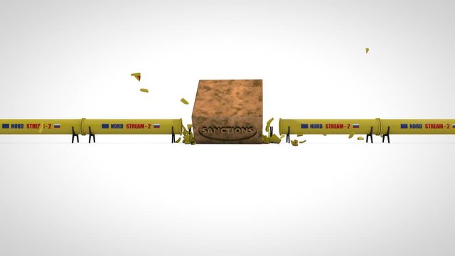 3D animation of the construction, Assembly of the pipeline for the supply of gas from Russia to Europe, Nord stream 2, and the fall of a brick with the text "Sanctions", which destroys the pipeline. 