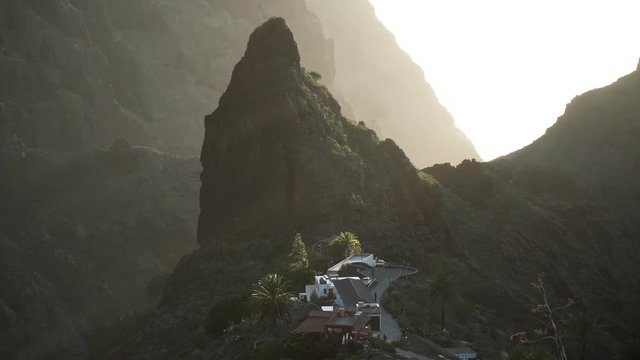 Beautiful aerial scenery of Masca rock on Tenerife island shot on sunset