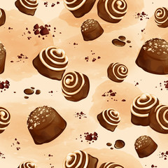 Seamless pattern with chocolates and drops on the background with watercolor texture. Sweets.