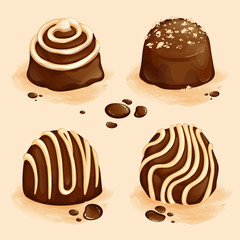 Set of vector striped chocolates with cream fondant decoration and chocolate drops. Sweets.