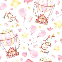 Gordijnen Naadloze aquarel patroon met ballon en huis, vlaggen, ster en harten. Perfect voor drukwerk, textiel, papier, decoratie van feestdagen en souvenirs, kaarten en design © CreatArtStudio
