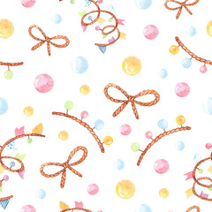 Seamless cute watercolor pattern with rope bows, colored garland and colored peas. Perfect for printing, textiles, paper, decoration of holidays and souvenirs, cards and design