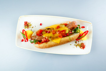 Hot dog with real Bavarian sausage and cheddar cheese. White plate. Gray background. Restaurant