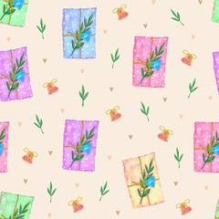 Fototapeta premium Valentines day seamless pattern with cute presents, hearts and love for fabrics, background, wallpaper.