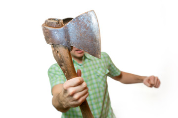 A man swinging an ax on a white background