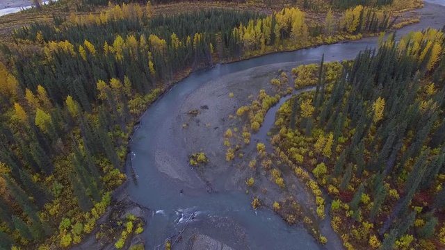 Alaka autumn aerial landscape with flowing river and colorful trees