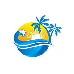 Fototapeta na wymiar Wave and Sun and Palm Tree Logo