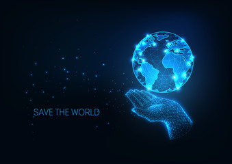 Obraz premium Futuristic Environment global protection concept with glow low poly human hand holding planet Earth