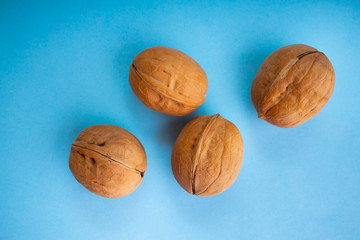 Close up of inshell walnut. Nuts mix on blue color background. Food for man's and women health. Raw foods for vegetarians and vegans. ..