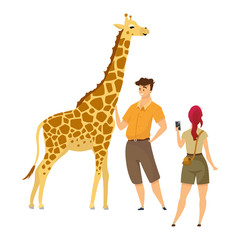 Tourist with giraffe flat color vector illustration. African expedition. Man and woman observing animal. Couple on summer journey to savanna. People isolated cartoon character on white background