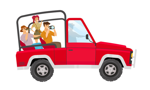 Expedition group flat color vector illustration. Woman and man in car with guide. Trip to safari in truck. Journey to savannah on transport. Tourists isolated cartoon character on white background