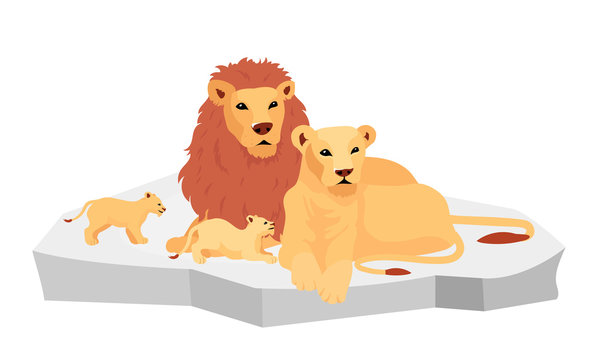 Lion family on rock flat color vector illustration. Southern predator creatures. Adult feline with cubs. Lioness with baby. African animals isolated cartoon character on white background
