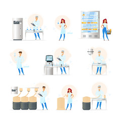 Production processes flat vector illustrations set. Milk industry. Soap, cosmetics manufacturing. Yarn fabrication. Factory employees. Laboratory workers. Isolated cartoon characters