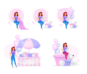 Woman making handcrafted toys flat vector illustrations set. Female character creating party decorations and playthings. Girl sewing plush, stuffed toys for kids. Isolated cartoon characters