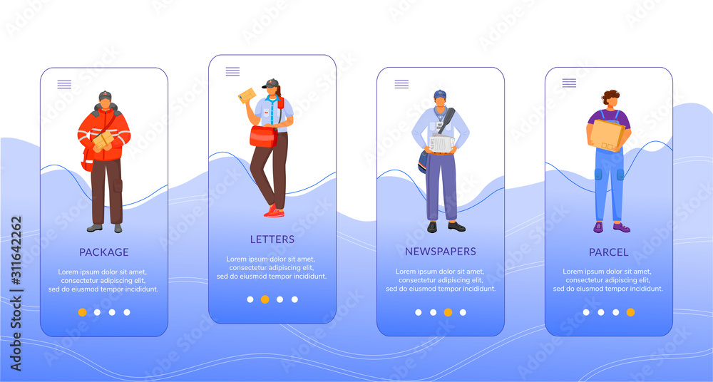 Poster post service delivery onboarding mobile app screen vector template. packages, letters and parcels. w