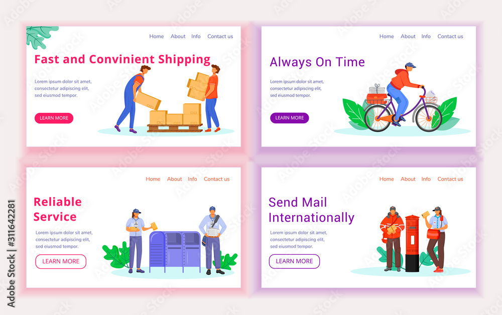Poster post service delivery landing page vector template set. shipping website interface idea with flat il