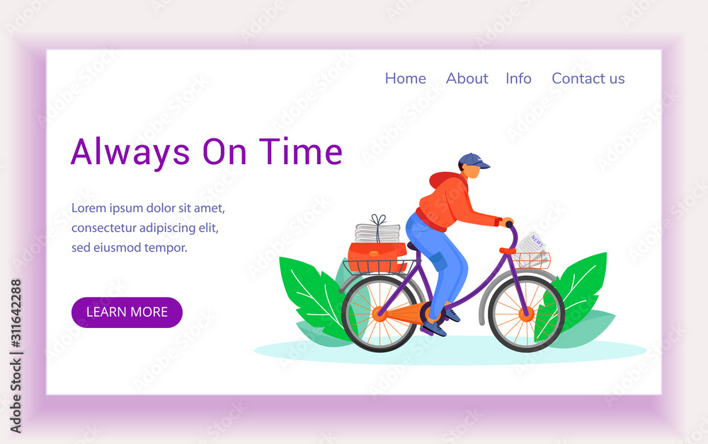 Poster always on time landing page vector template. post service bike delivery website interface idea with 