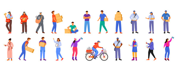 Post office male and female workers flat color vector illustrations set. Woman receives letter. Post service delivery. Boxes and parcels transportation isolated cartoon character on white background