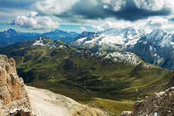 Fototapeta na wymiar Pordoi - Dolomites mountain pass, Italy alps