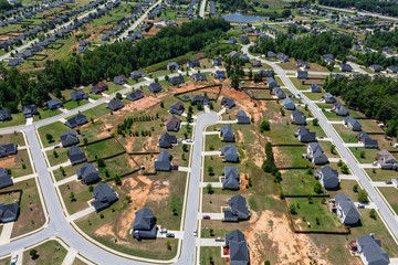Aerial view of modern middle class suburban cul-de-sac street neighborhood near Atlanta Georgia.  