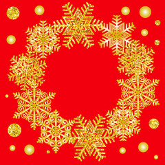 Bright background with gold snowflakes. Red winter banner. Illustration.