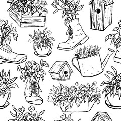 Vintage vector seamless pattern. Graphic sketches of unusual flower pots and wooden bird houses. Hand drawn garden background. Black contour botanical wallpaper. For textile, papers, prints, wrapping.