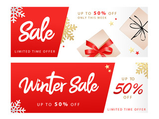 Naklejka premium Winter sale banner with snowflakes in paper style with discount and text. Flat style. Vector illustration