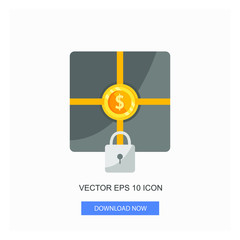 Gray Gift Box Reward With Golden Coin Dollar Sign Symbol Currency Center And Locked White Background Vector Illustration Flat Icon