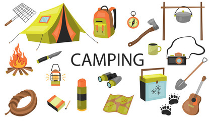 Camping concept. Set of equipment for camping with symbols and icons. Flat style. Vector illustration