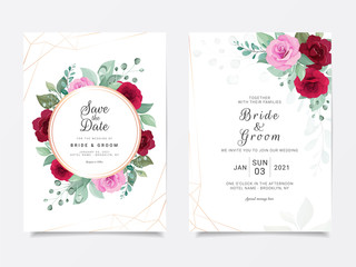 Wedding invitation card template set with floral frame and geometric line border. Roses and leaves botanic illustration for background, save the date, invitation, greeting card, poster vector