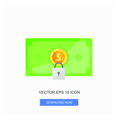 Money Paper Green Color Gold Coin On Center With Locked Gray Color Flat Icon Vector Illustration White Background