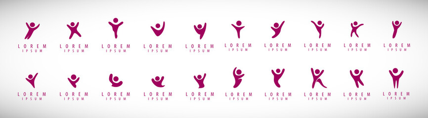 Abstract People Logo Set. Human Figure Isolated On Gray Background. Icons Collection For Human Success, Celebration Logo, Achievement Symbol And Activity. Different Happy People. Figure Logo, Vector