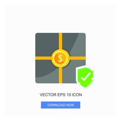 Gift Box Gold Coin Dollar Sign Symbol Currency With  Protection Shield Green Color Checked Flat Icon Vector IllustrationWhite Background