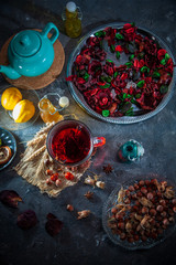 Red Hot Hibiscus tea in a glass mug