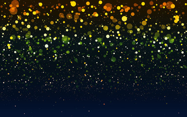 Luxury golden sparkle background, glitter magic glowing. Black and gold vector luminous dust with bokeh.