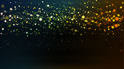 Luxury golden sparkle background, glitter magic glowing. Black and gold vector luminous dust with bokeh.